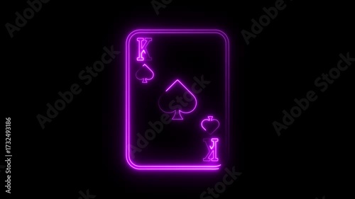 Neon King of Spades playing card glowing purple outline on black background abstract casino