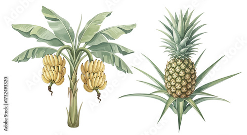 A lush illustration of a banana tree and pineapple.