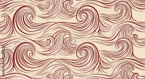 Swirling maroon waves on a light tan background, creating a dynamic, fluid pattern