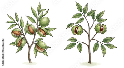 Close-up illustration of two fruit trees.