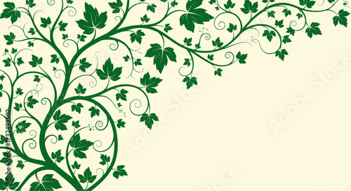 Green ivy with curling tendrils covers the upper left, leaves on a beige background