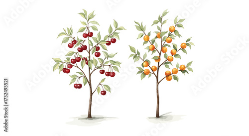 Two fruit-bearing trees showcasing vibrant cherries and oranges.