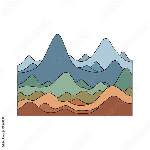 Abstract layered mountain range illustration with colorful landscape design.