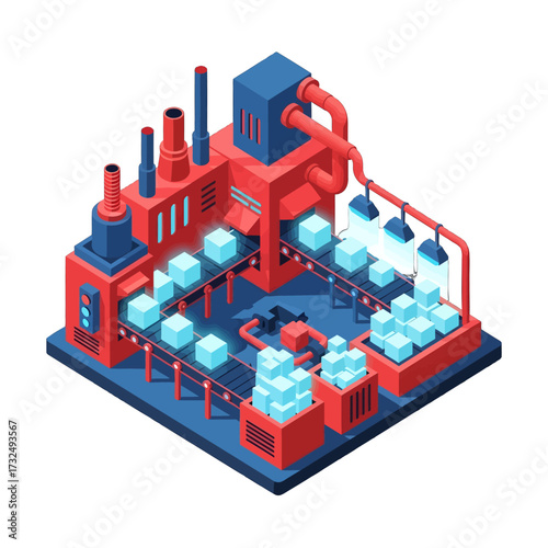 Isometric view of a modern factory producing ice cubes.
