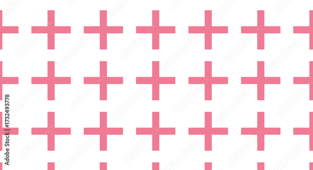 Fototapeta premium Row/column pattern of pink plus symbols on white