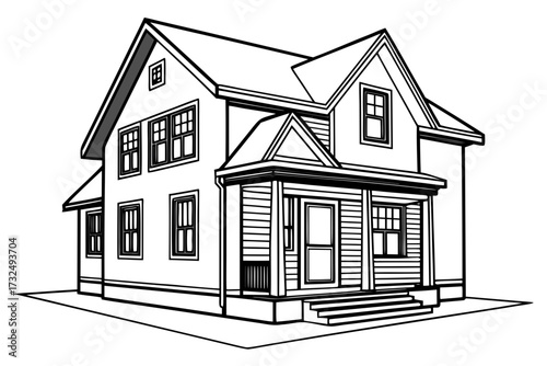 Vector illustration linear architectural sketch of a detached modern house with windows, roof, and door details, isolated on white background
