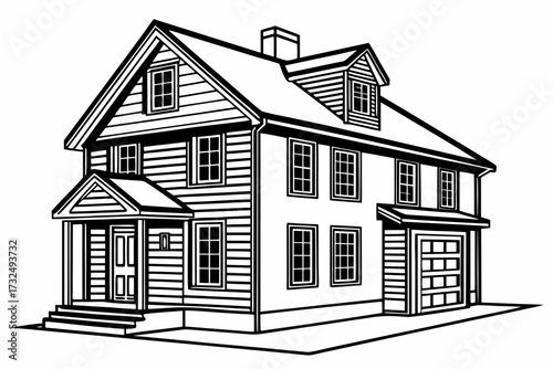 Vector illustration linear architectural sketch of a detached modern house with windows, roof, and door details, isolated on white background