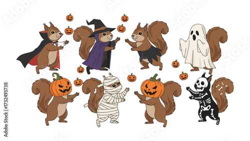 Whimsical Halloween Squirrels: A collection of charming illustrations features playful squirrels in an array of Halloween costumes, amidst floating pumpkins, radiating fun and festive spirit.
