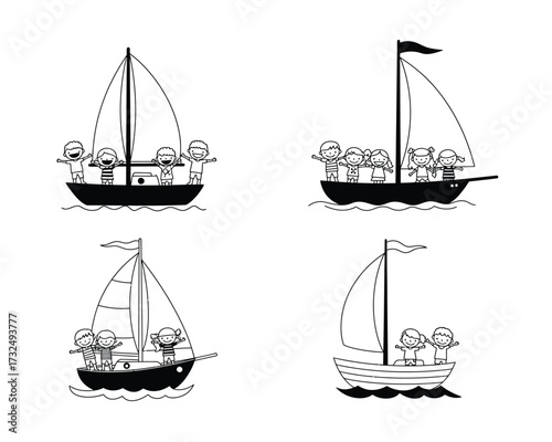 Four charming hand drawn black and white illustrations of sailing boats with tiny people on deck in a simple artistic style