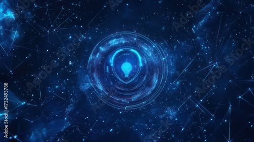 Digital security network with glowing shield icon and connected dots