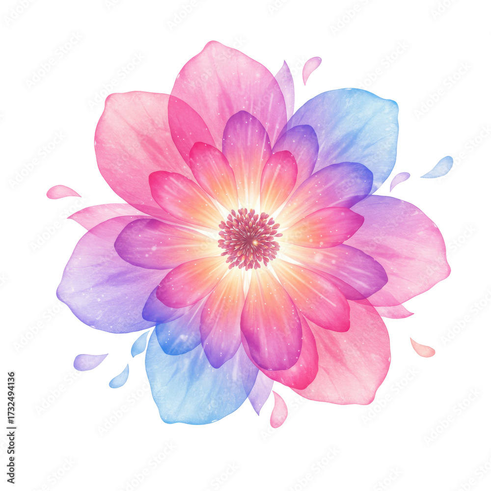 Fototapeta premium Delicate, vibrant flower with falling petals in pastel hues isolated on white background