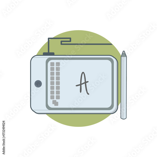 Digital signature device with stylus and a green circle background, representing electronic document signing and authentication technology isolated on transparent background