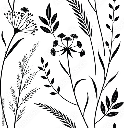 Seamless wild grasses silhouette pattern isolated on transparent background