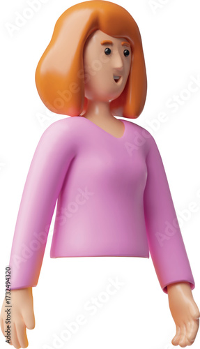 3D avatar of a woman with short brown hair, wearing a pink shirt, looking to the right, side view.