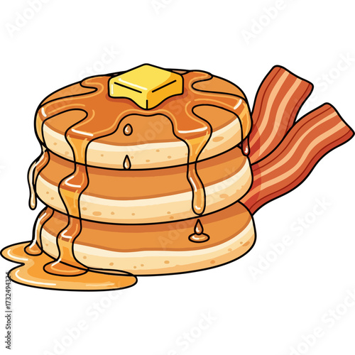A classic American breakfast of pancakes with syrup, butter, and bacon strips. This delicious vector illustration is perfect for a cafe menu, brunch invitation, or food-related blog.