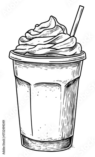 Frappe Coffee Sketch Illustration – Hand-Drawn Cold Drink Vector. Frappuccino Drink Drawing, Black and White Coffee Sketch.