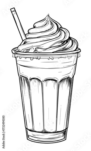 Frappe Coffee Sketch Illustration – Hand-Drawn Cold Drink Vector. Frappuccino Drink Drawing, Black and White Coffee Sketch.