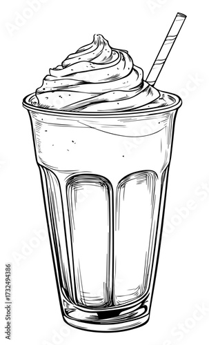 Frappe Coffee Sketch Illustration – Hand-Drawn Cold Drink Vector. Frappuccino Drink Drawing, Black and White Coffee Sketch.