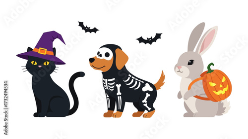 Halloween Trio of Costumed Pets: A whimsical collection of pets dressed in Halloween costumes, including a cat in a witch hat, a dog in a skeleton suit, and a rabbit carrying a pumpkin bag.