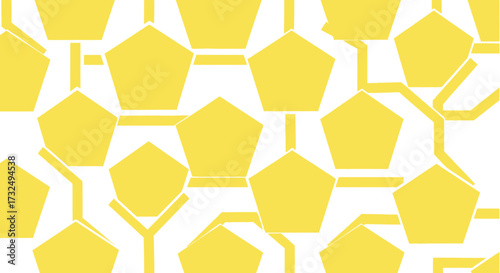 Yellow pentagons randomly linked by straight lines on white background forming pattern