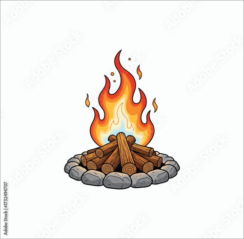 Art & Illustration
Cartoon campfire with burning flames, wooden logs, and stone circle on white background