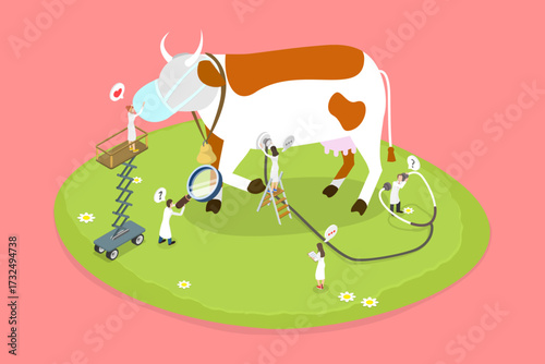 3D Isometric Flat Vector Illustration of Livestock Protection, Cow With Protective Face Mask