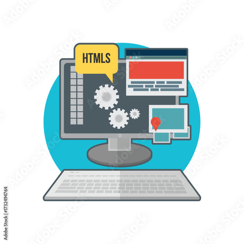 Computer screen displaying html code with gears and a map pin, representing web development and coding concepts, isolated on transparent background