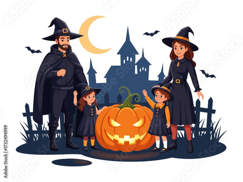 Happy Halloween Family Celebration: A spooky family of four, donned in classic witch attire and a large pumpkin and haunted house, evokes the joyful spirit of Halloween.
