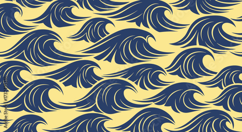 Stylized blue wave pattern on yellow
