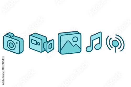 Modern isometric icons representing various media, video, image, music, and wireless communication concepts