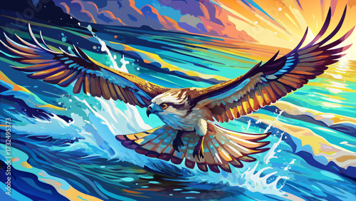 Depict the osprey diving toward shimmering waters, impressionist hues blending realism, wings alive with color, energy, freedom, precision, beauty, power, determination, and artistry.