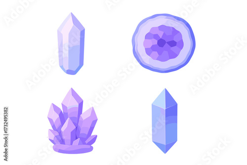 Vibrant stylized purple and blue crystal gems and mineral formations for spiritual and decorative themes