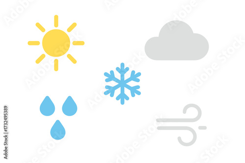 Diverse set of meteorological icons depicting various atmospheric conditions like sun, cloud, rain, snow, and wind