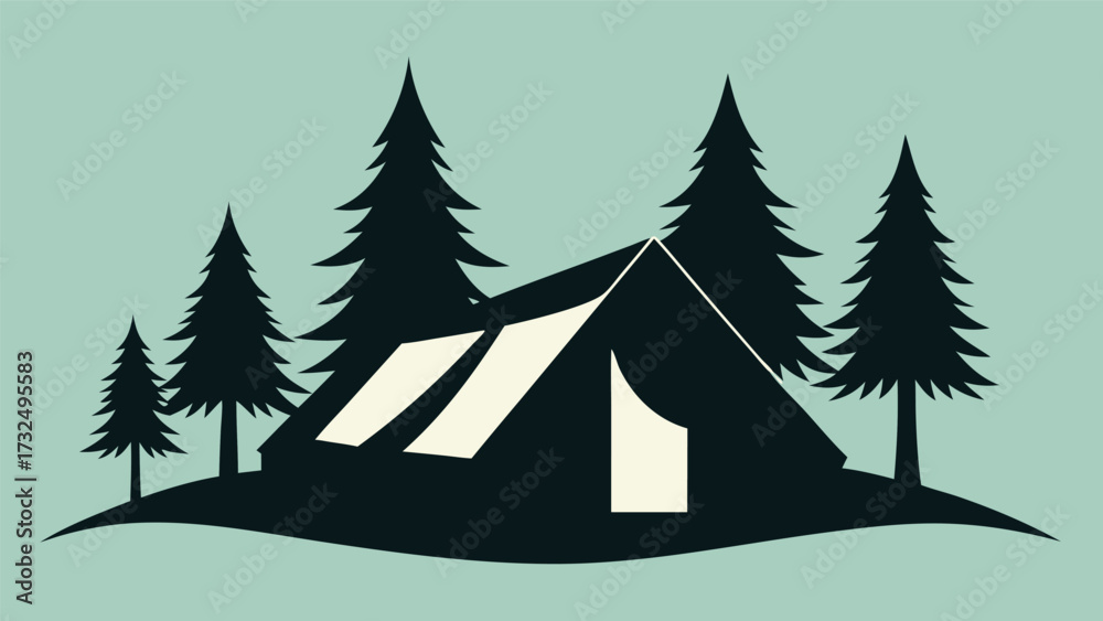 Obraz premium Camping Tent Silhouette in Forest Outdoor Adventure Vector Illustration Nature Escape