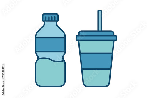 Plastic water bottle and disposable drink cup with straw containing refreshing blue liquid for daily hydration and refreshment
