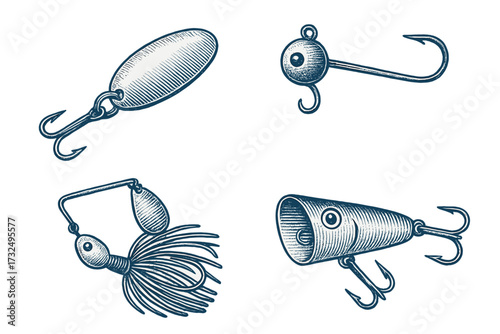 Diverse collection of fishing lures and hooks, essential equipment for angling sport and hobby activities, showcasing various types of tackle used by fishermen