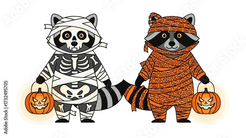 Halloween raccoons: Two adorable raccoons in Halloween costumes, one dressed as a skeleton and the other as a mummy, holding jack-o'-lanterns.