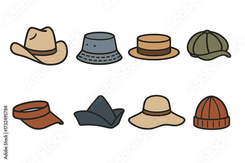 Collection of diverse headwear styles including cowboy hat, bucket hat, boater, flat cap, visor, sun hat, and beanie