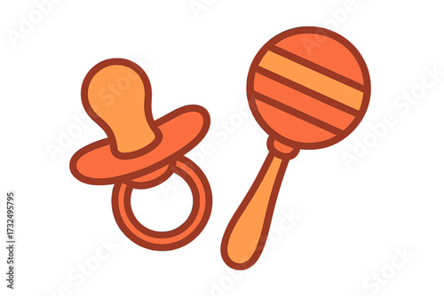 Essential baby accessories featuring a soothing pacifier and a vibrant rattle toy for infant development and playtime