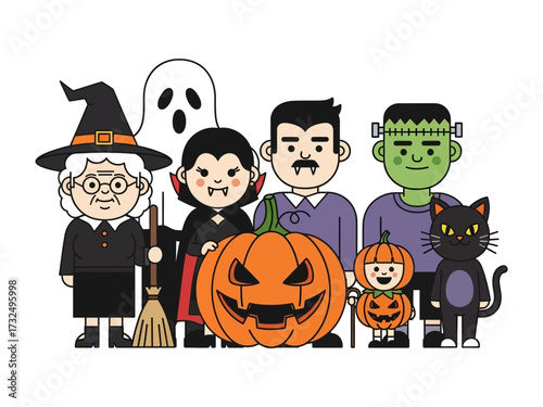 Halloween Characters Gathering: A charming gathering of Halloween characters, including a witch, vampire, and other beloved figures, standing together, inviting a spirited and fun atmosphere.