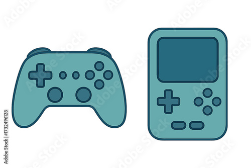 Modern video game controller and classic handheld console for interactive digital entertainment and leisure activities