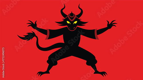Silhouette of a horned devil creature on a red background