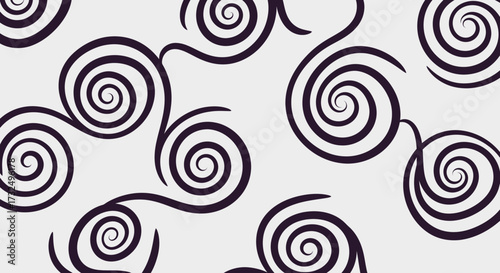 Swirling, abstract dark purple spirals with tendrils over a light grey background create a seamless repeating pattern