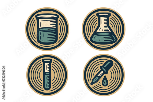 Collection of science laboratory glassware and chemical research equipment icons for education and experiment