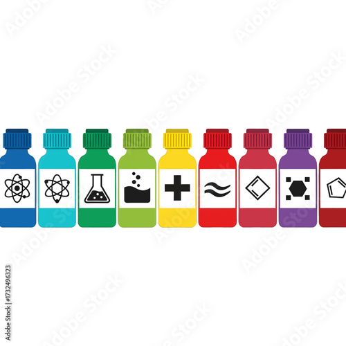 Colorful chemical bottles representing scientific concepts and elements.