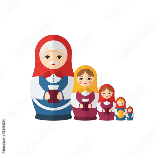 Russian nesting dolls, colorful wooden toys, traditional art, family.