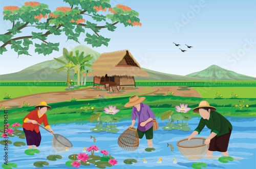 Rural villagers are fishing in the pond.vector design