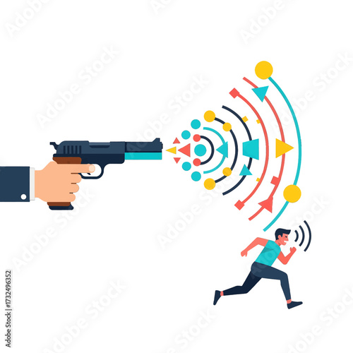Gun aimed at a running person with sound waves.
