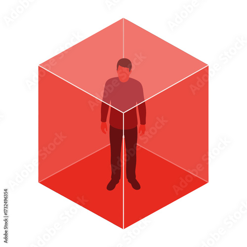 Man inside a red cube, representing confinement and isolation.
