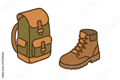 Essential outdoor adventure equipment featuring a rugged backpack and a classic hiking boot for wilderness exploration